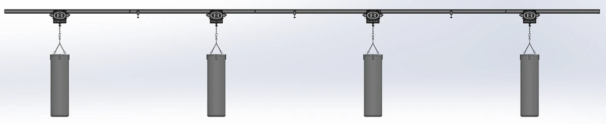 Schematic of Balazs Boxing Track System with bags deployed for use.